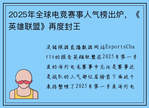 2025年全球电竞赛事人气榜出炉，《英雄联盟》再度封王